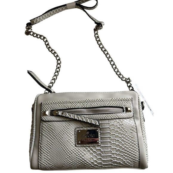 Nicole Miller Faux Snakeskin “Tess” Gray Crossbody Bag With Chain Strap - Picture 2 of 9
